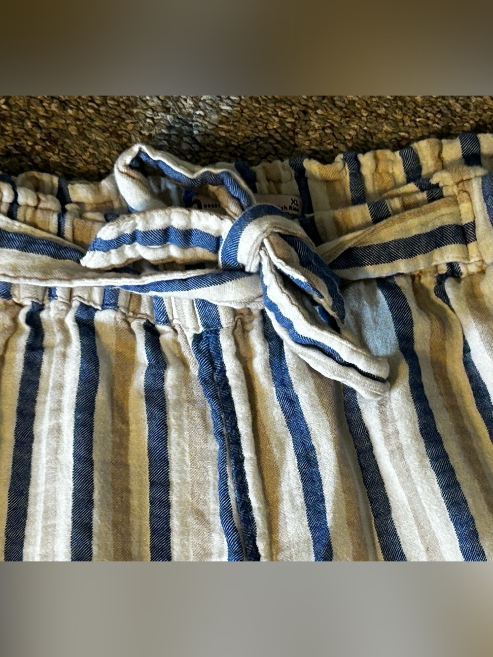 100% Cotton Striped Paperbag Waist Shorts Blue White Coastal Beachy Summer XL - Picture 3 of 7